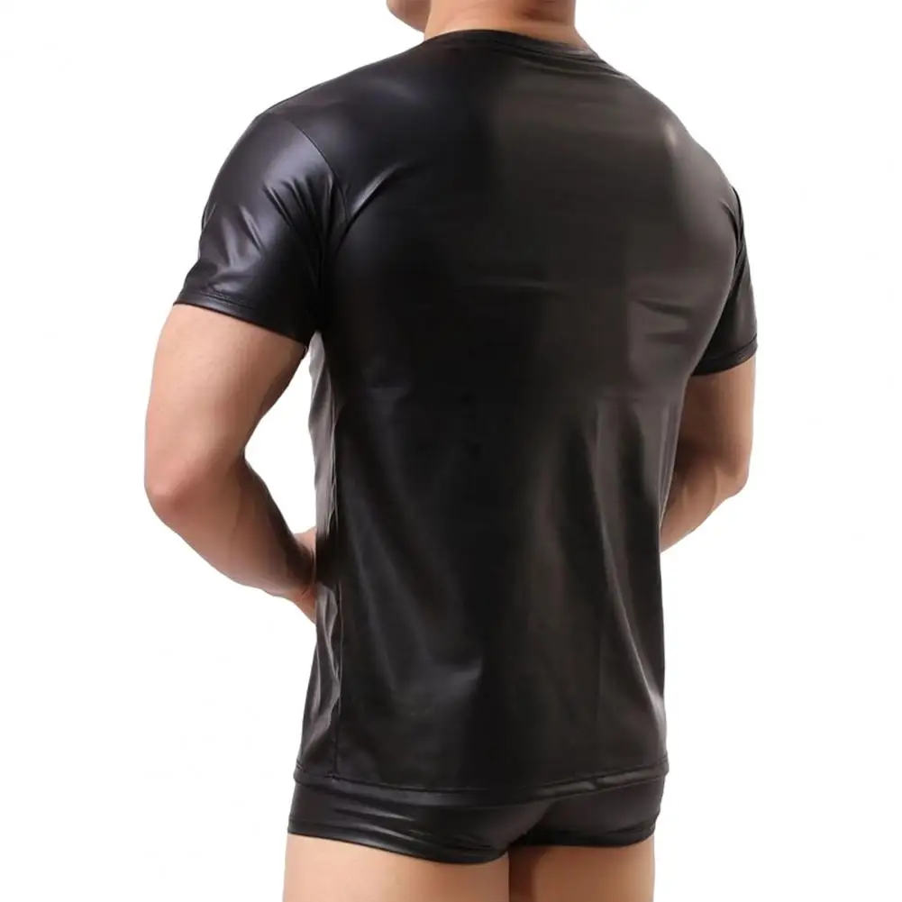 Men Faux Leather Tops Stretch Pu Leather Short Sleeve T-shirts Club Slim Bar Stage Performance Tee Shirt Elastic Tops Blouse