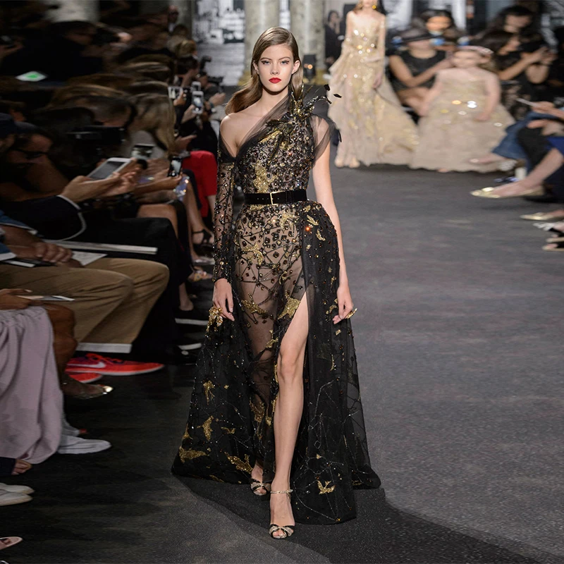 2075 Sexy Zuhair Murad Black One Long shoulder Gold Beaded   فساتين السهرة vestidos de fiesta  فساتين سهره evening dresses