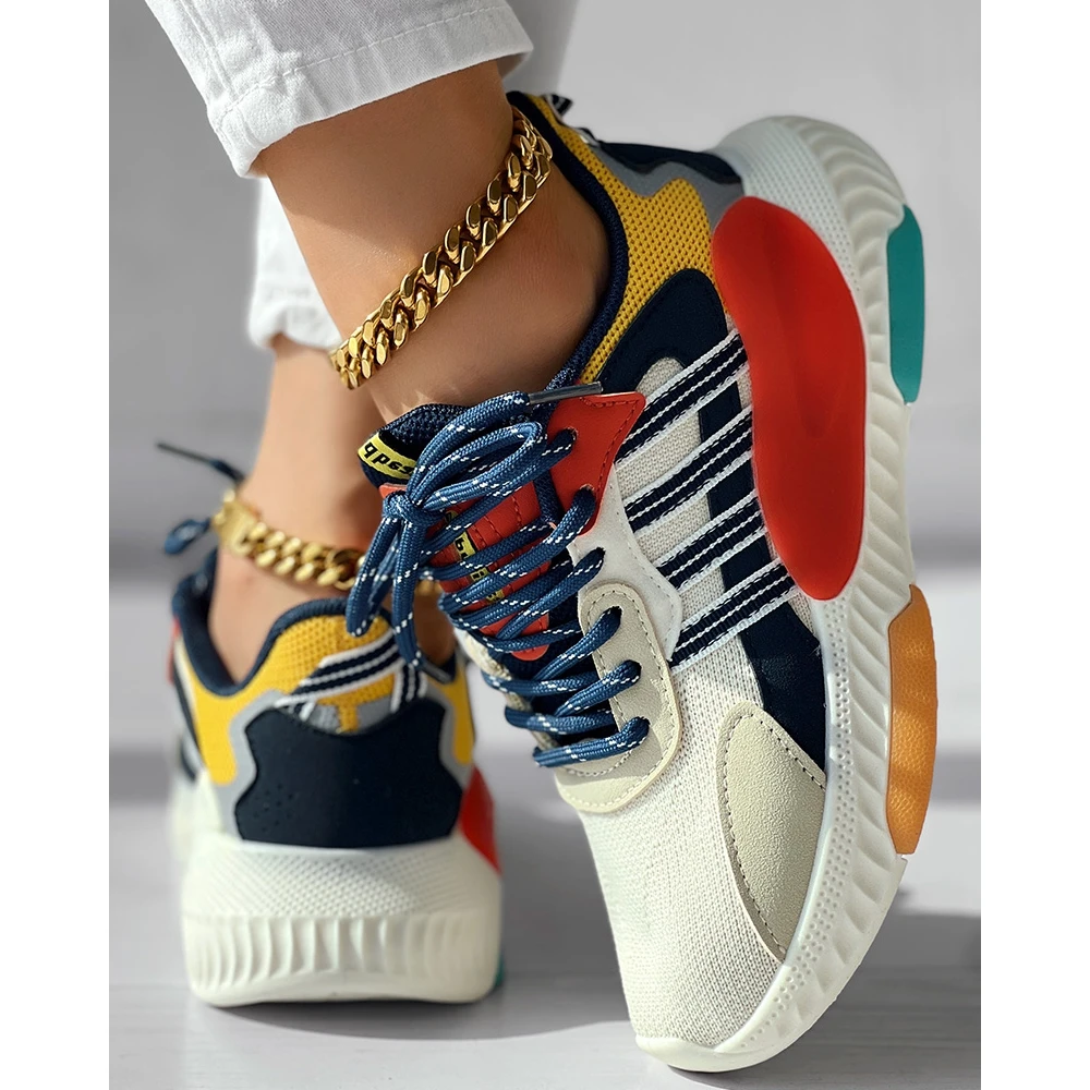Fashion Women Colorblock Breathable Mesh Lace-up Sneakers Daily Casual Round Toe Platform Sports Shoes Spring Going Out Shoes
