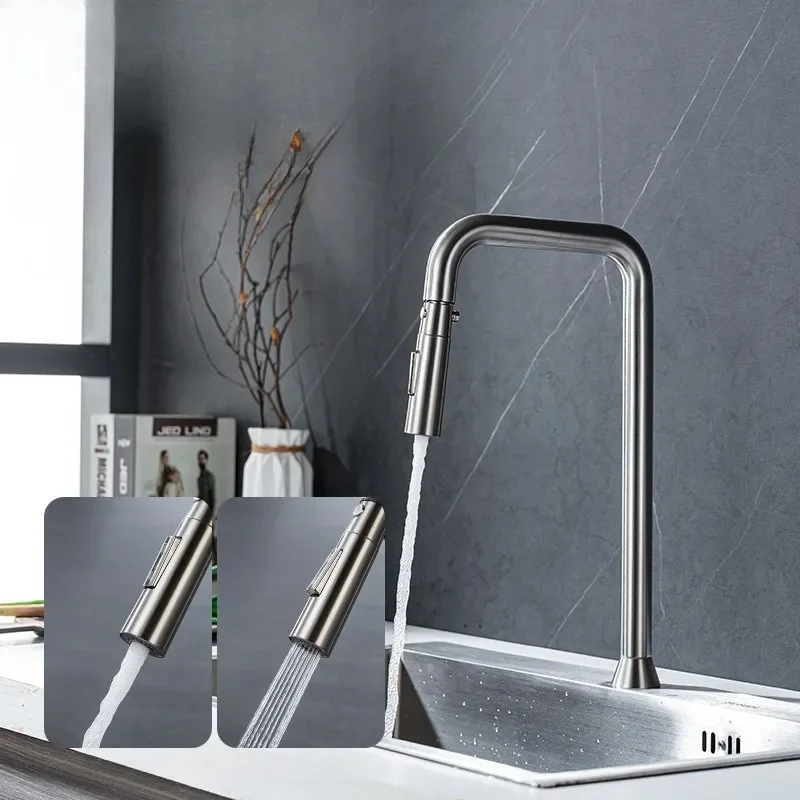 304 Stainless Steel Kitchen Tap, Pull Out Sprayer Rotatable 7 Shape Single Cold Water Faucet, High Arc Pull Down Sink Mixer Tap