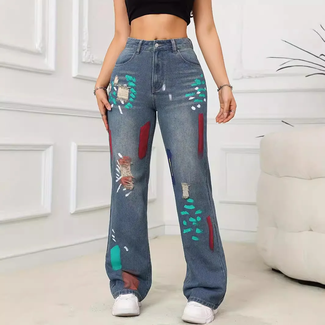 

American Retro Loose Leisure High-waisted Long Jeans, Women's Spring and Autumn New Painted Graffiti Ripped Straight Leg Jeans