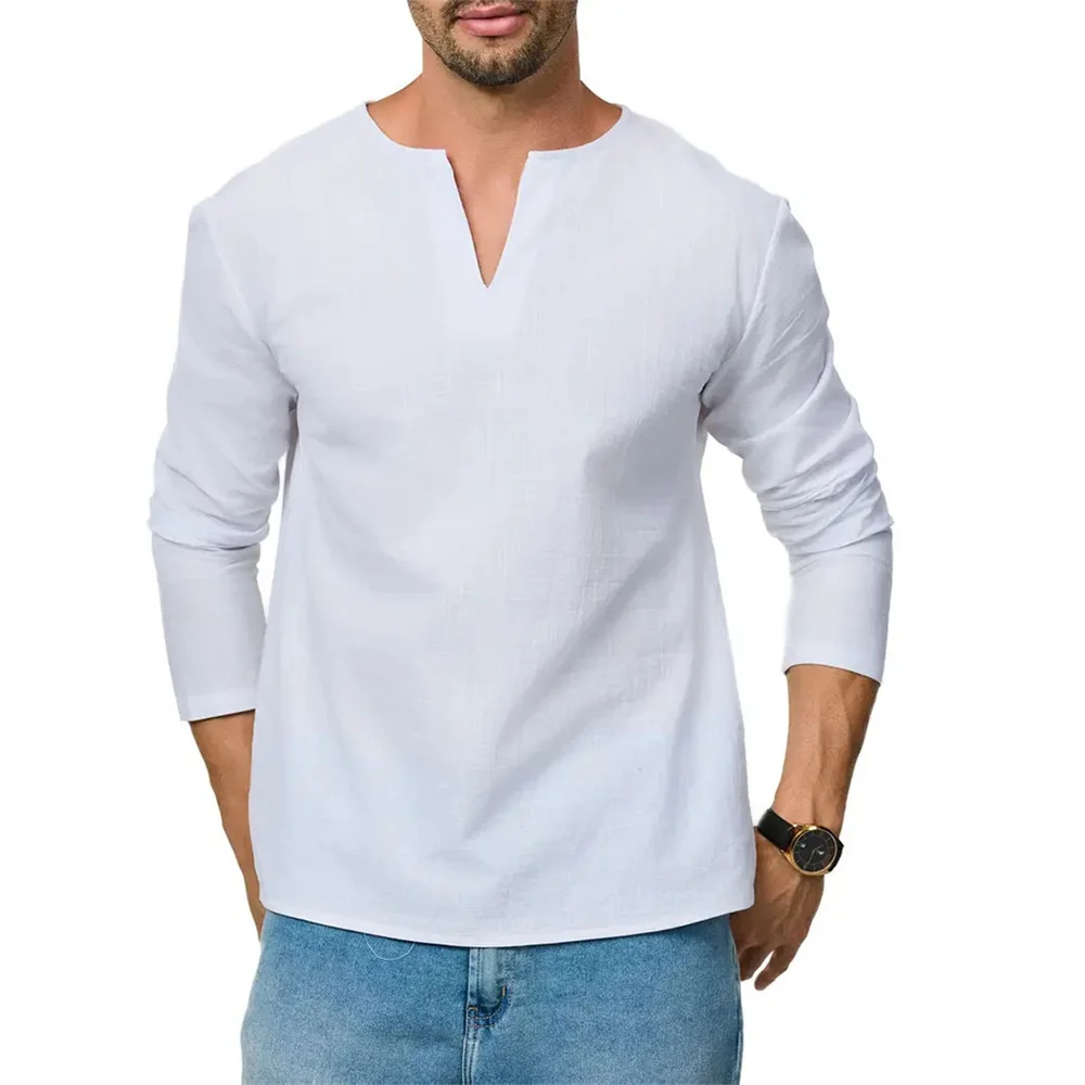 Herren-T-Shirt aus Baumwolle und Leinen, langärmelig, atmungsaktiv, V-Ausschnitt, lässig, schmale Passform, einfarbig, leicht, für Herren, lässig, gemütlich