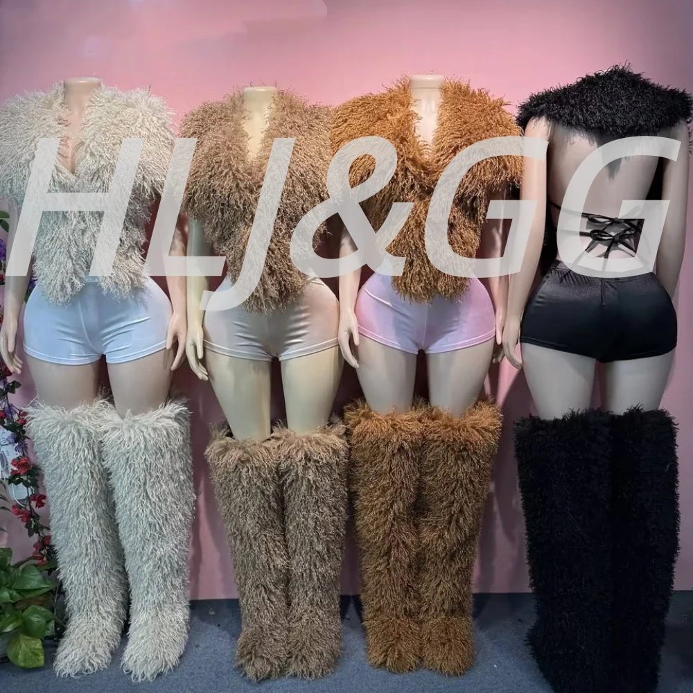 HLJ&GG Jesienno-zimowy futrzany bezrękawnik z bandażami, dwuczęściowy zestaw damski, top z dekoltem w serek i odkrytymi plecami oraz szorty, styl Y2K, streetwear