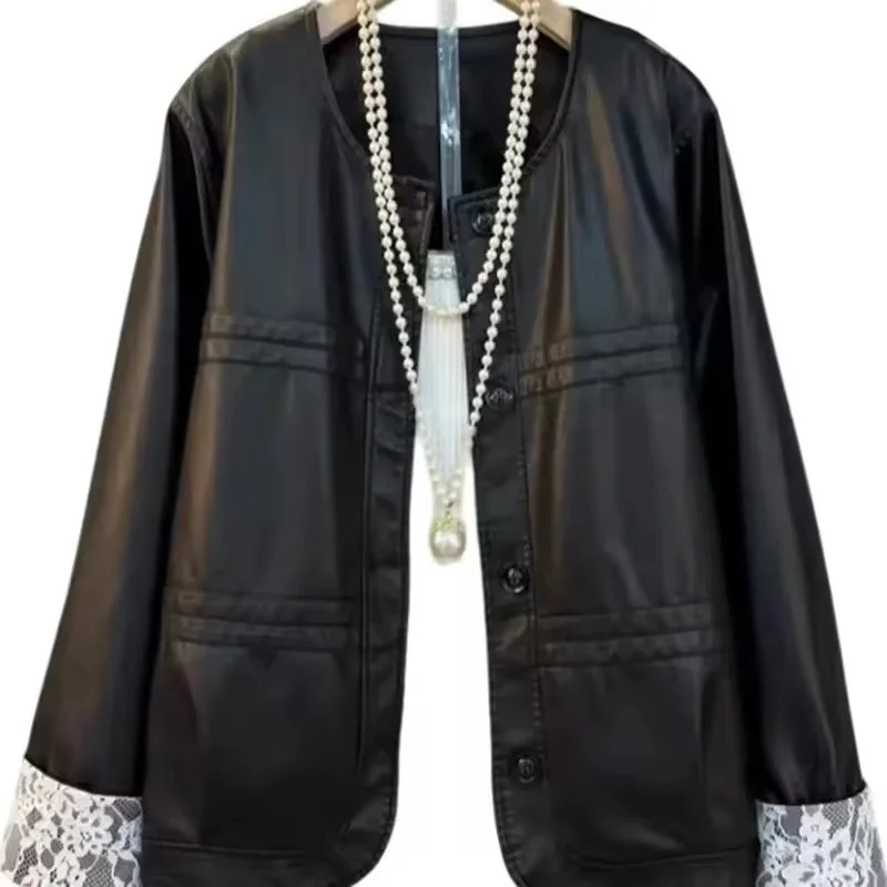 2025 outono novas mulheres jaqueta de couro do plutônio rendas punhos soltos jaquetas de manga comprida feminino xiaoxiangfen casaco de couro fashionstop