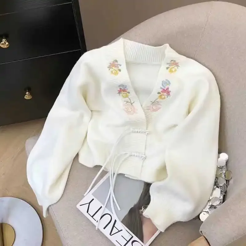 

Retro Knitted Jacket for Women Lazy Design Top V-neck Slimming Long Sleeves