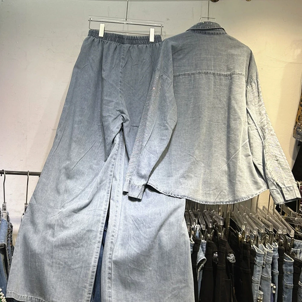 Conjunto de dos piezas de camisa vaquera de manga larga holgada con diamantes de color diamante caliente de diseño pesado + pantalones vaqueros-GZTZ039