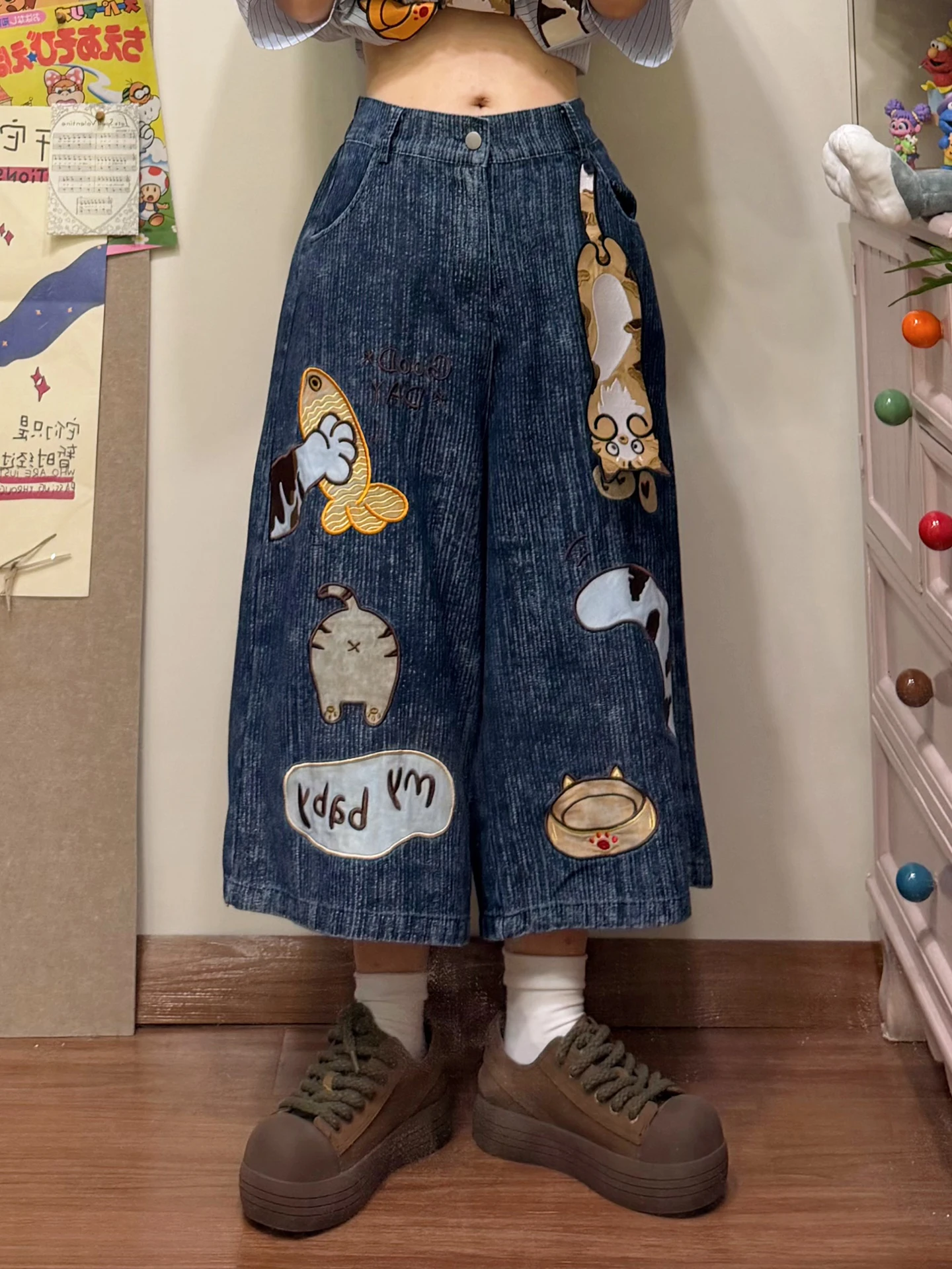 BIBULU Original American Cartoon Embroidered Loose Straight Leg Jeans Casual Pants for Women Cotton Material Summer Collection
