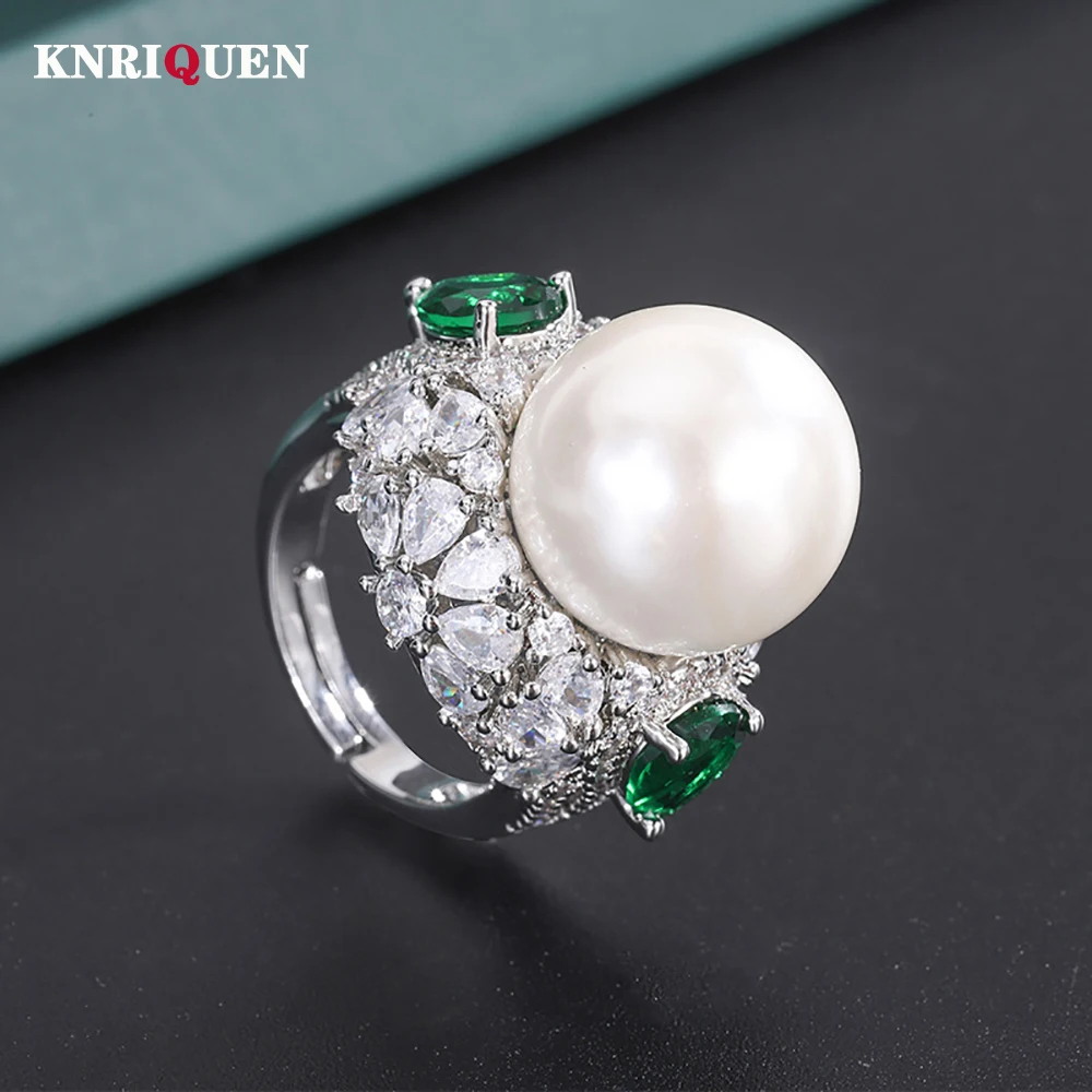 Luxury 16MM White Gold Pearl Emerald Gemstone Rings for Women Lab Diamond Cocktail Party Fine Jewelry Wedding Accessories Gifts