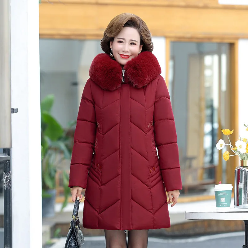 Hooded Fur Collar Down Cotton Jacket Women Winter Clothing New Middle-Aged Mother Mid-Long Thicken Coat Warm Female Parkas 6XL