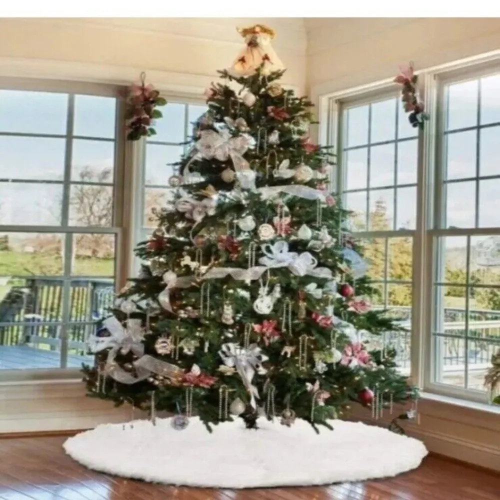 Christmas Tree Skirt White Faux Fur Xmas Floor Mat Ornaments Decoration UK