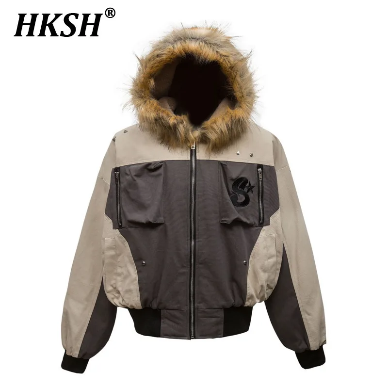 HKSH Men's Tide 2024 Winter New Cotton Padded Coat American High Arcade Style Color Contrast Jacket Hooded Zipper Spliced HK3499