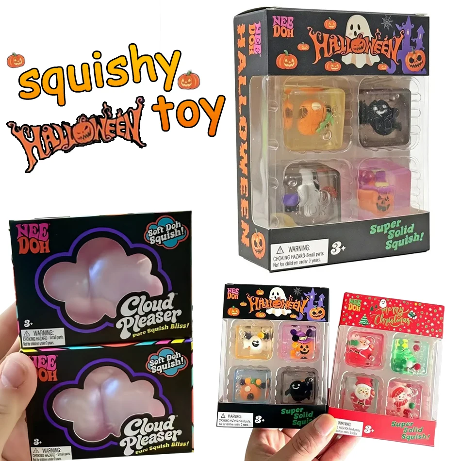 @Needoh Halloween Christmas Mini Ice Cube 4Pack Fidger Sensory Toy Maltose Slow Rebound Anxiety Relief Stress Ball Squishy