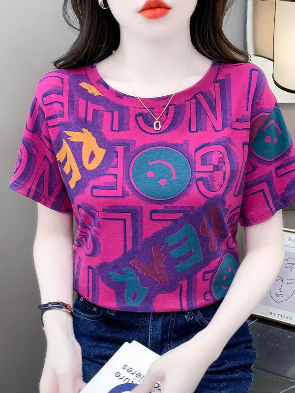 

Loose Fashion Short Sleeve T-Shirt Women's Print Versatile Summer Shirt Chiffon Top Street Style Polyester Fiber Cotton Blend