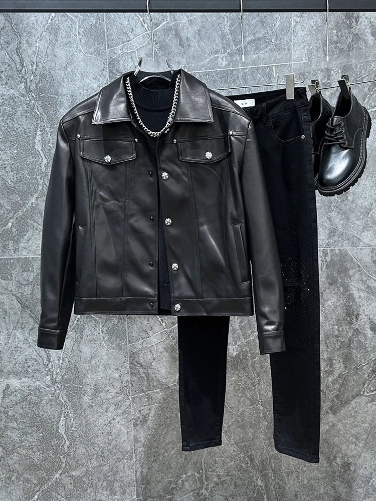 

ort Padded oulder Leather Jaet Men's Spring Autumn High Sensation Cool Collar Motorcycle Sle Trendy Retro Brand