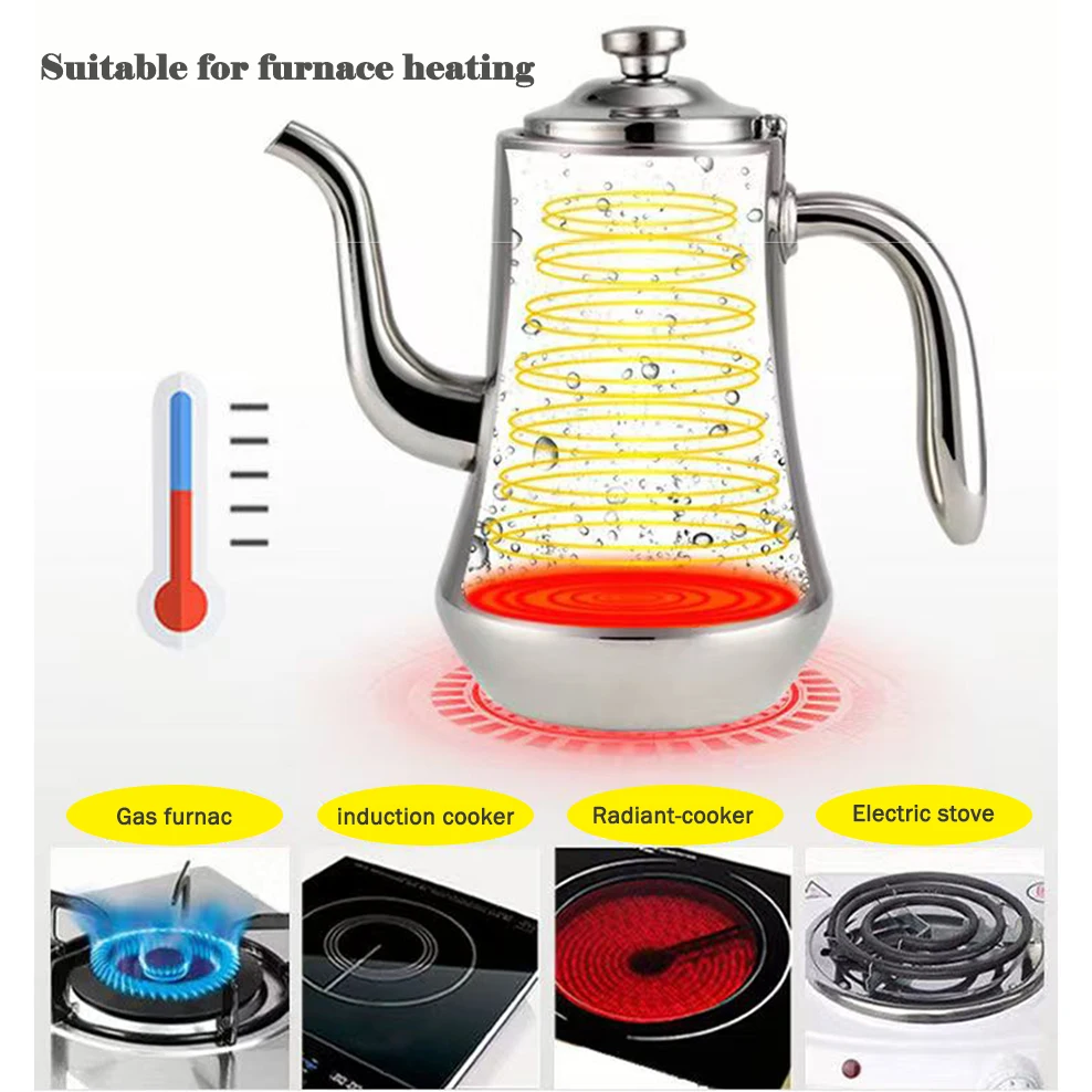Food grade stainless steel tea kettle, Large capacity long mouth with tea strainer, Restaurant teapot, Heatable kettle, 1.5L