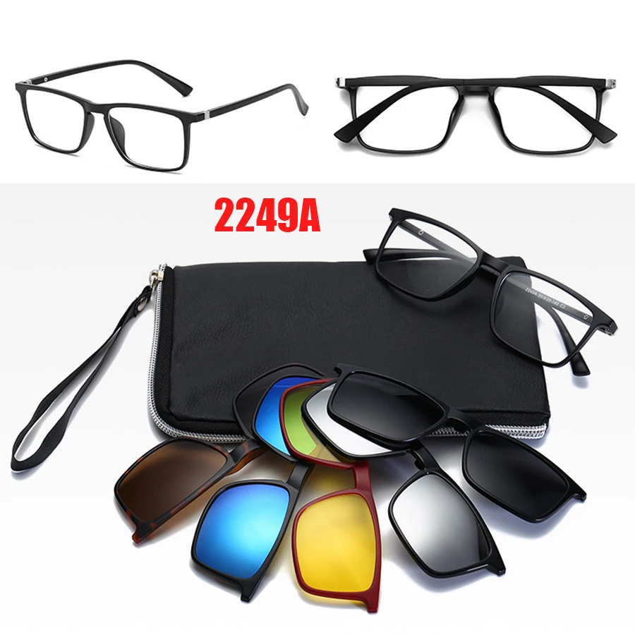 

6 In 1 Spectacle Frame Men Women Optical Myopia With 5 Clip On Polarized Sunglasses Magnetic Glasses For Male Eyeglasses 2249