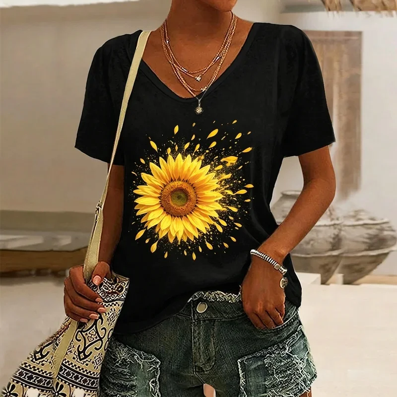 Women's V-neck T-shirt with sunflower print, casual short-sleeve tops, bright floral daily wear for women.