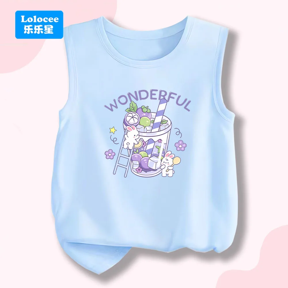 

Cute Bunny & Drink Print Girls' Cotton Singlet Kids Summer Round-Neck Tank Top Vest for 3-14 Years Kids Sleeveless T-Shirt YLPT1