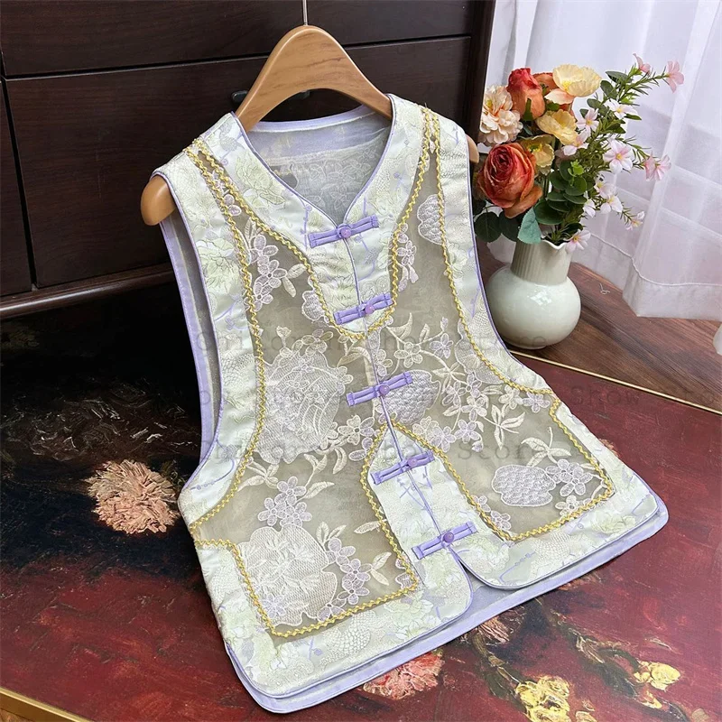 Thin Mesh Embroider Flower Chinese Vest Top Women Elegant New Chinese Style Hanfu Costume Jacket Vintage Button Down Qipao Top