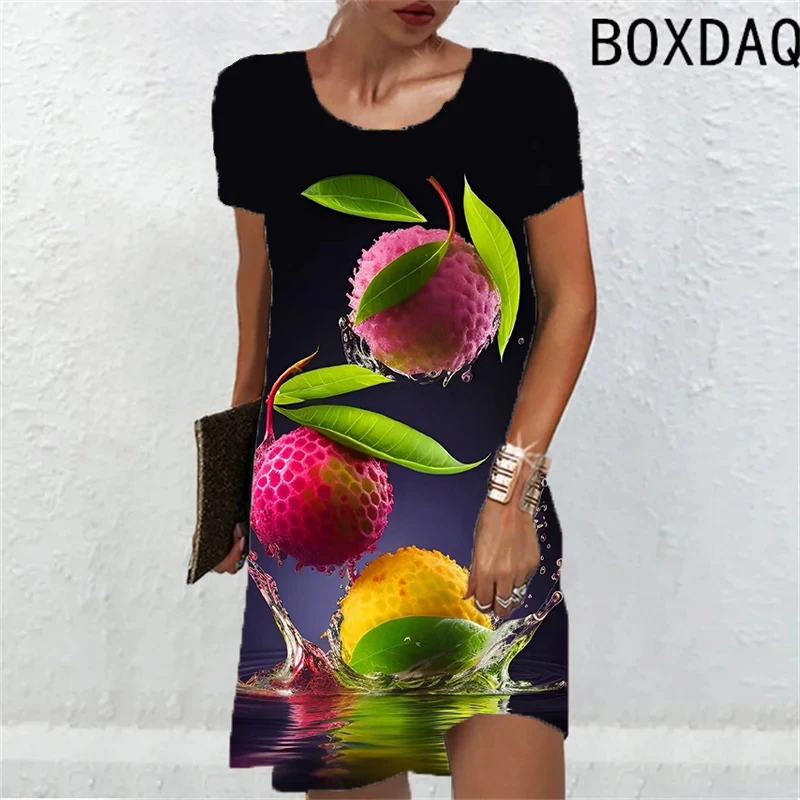 Tropical Fruit Pattern Women Dress New Summer Sundress Fashion Elegant Sweet Street Wear Short Sleeve o-neck Casual Mini Dresses