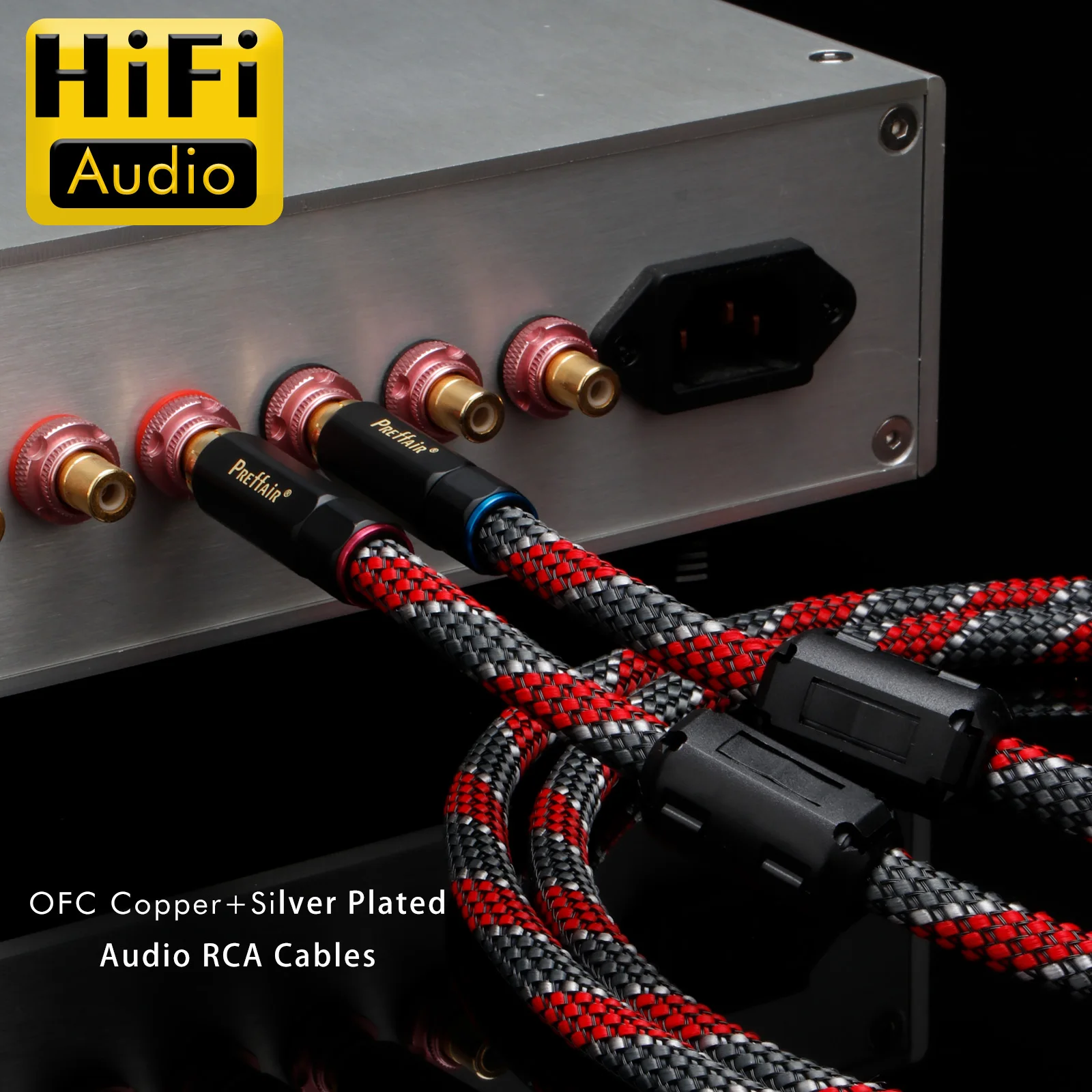 Preffair HiFi end Cable RCA OFC Silver Plated Four Core 2Rca to 2Rca Audio Cables with 24K Gold Plated Connector for TV DVD DC