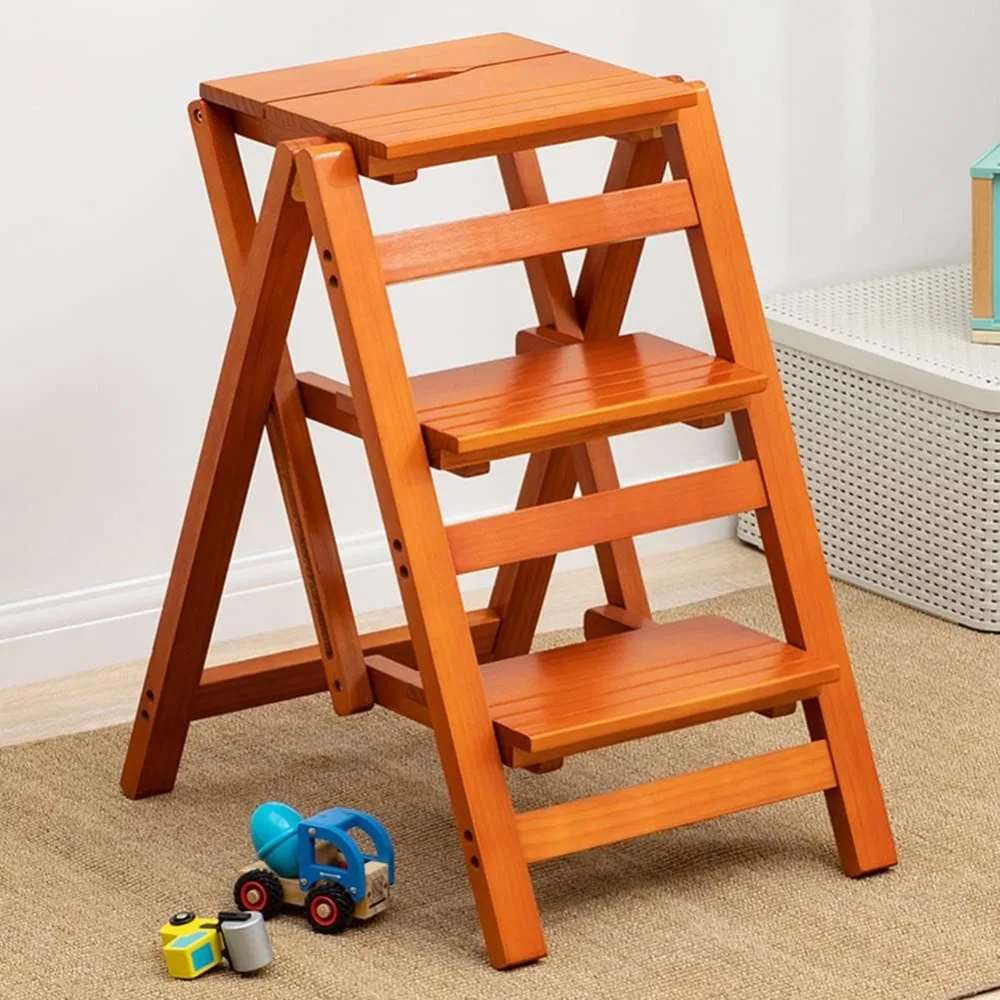 3Step Multifunctional Folding Solid Wood Ladder Stool, Step Stool Household Muliti-Color Step Ladder Stool for Office