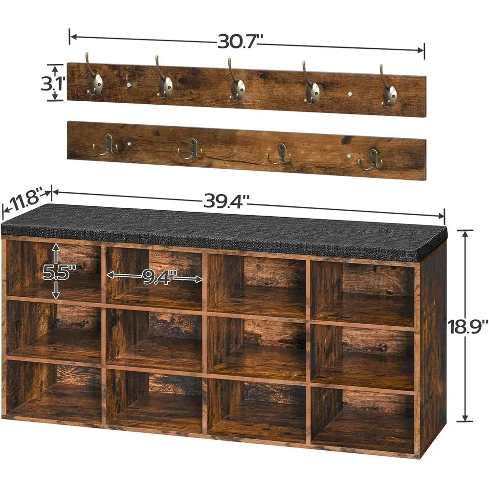 12-Cubby Shoe Bench with Cushion, 39.4 Entryway Storage, Coat Rack, Holds 330 lbs