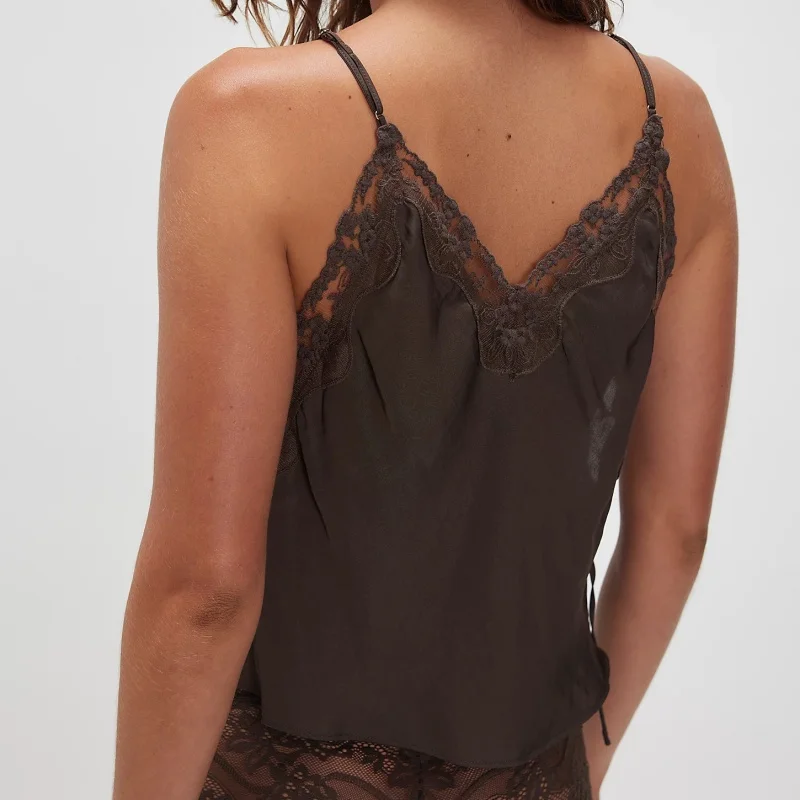 Women Lace Trim Satin Tank Tops Silk Spaghetti Strap V Neck Mesh Lace Camisole Top Y2K Flowy Going Out Layering Tops