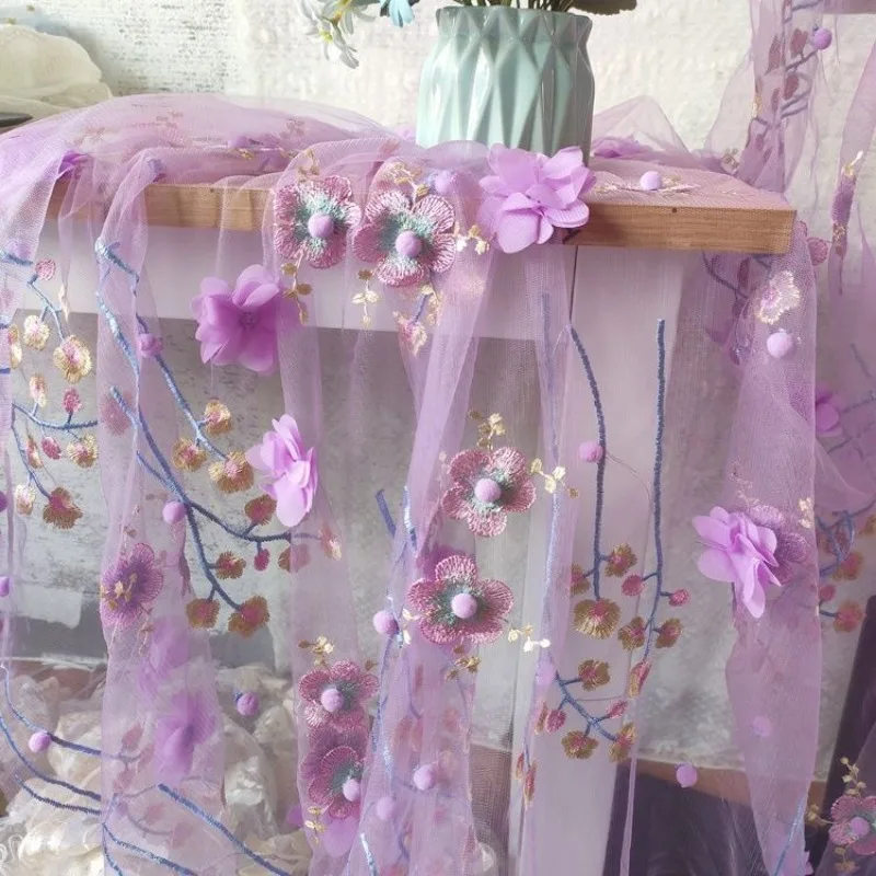 Purple Flower Mesh Fabric DIY Handmade Clothing Material Embroidery Sweet Fairy Dress Fabrics Curtain Tablecloth Accessories Ins