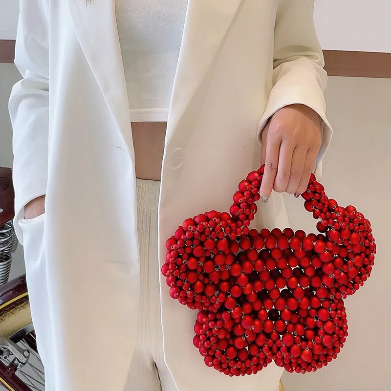 2023 New Spring Summer Design Women\'s Bags Fashion Retro Flower Red White Pearl Cross Body Handbag Woven Beaded Handmade Bag