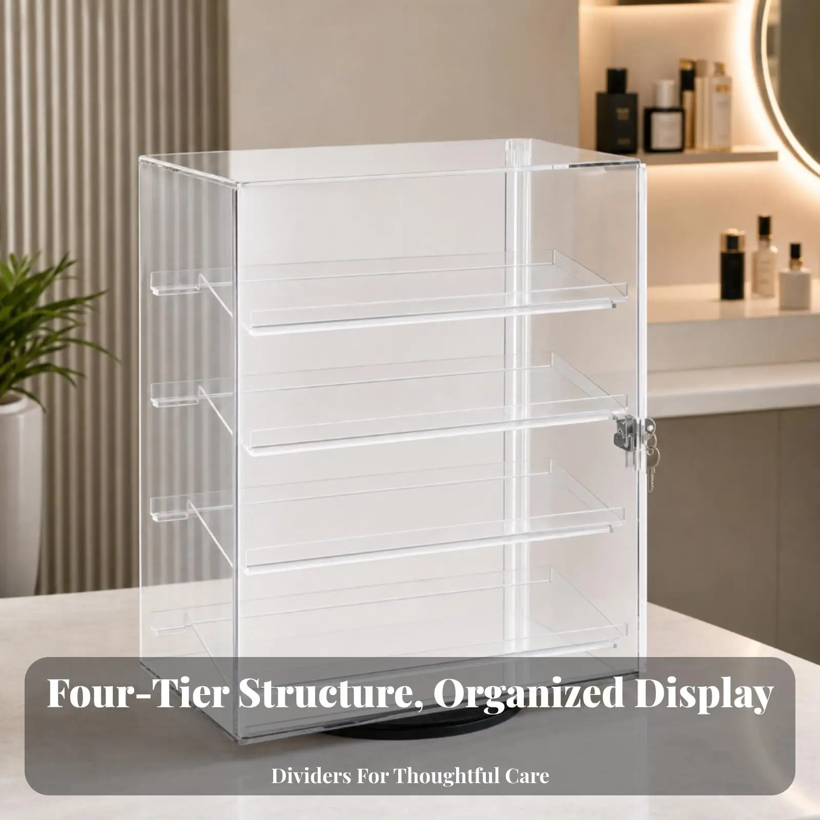 Acrylic Showcase Display Rack Multi Tier Lockable Glass Alternative Cabinet with Rotating Base for Jewelry Watches Figurines
