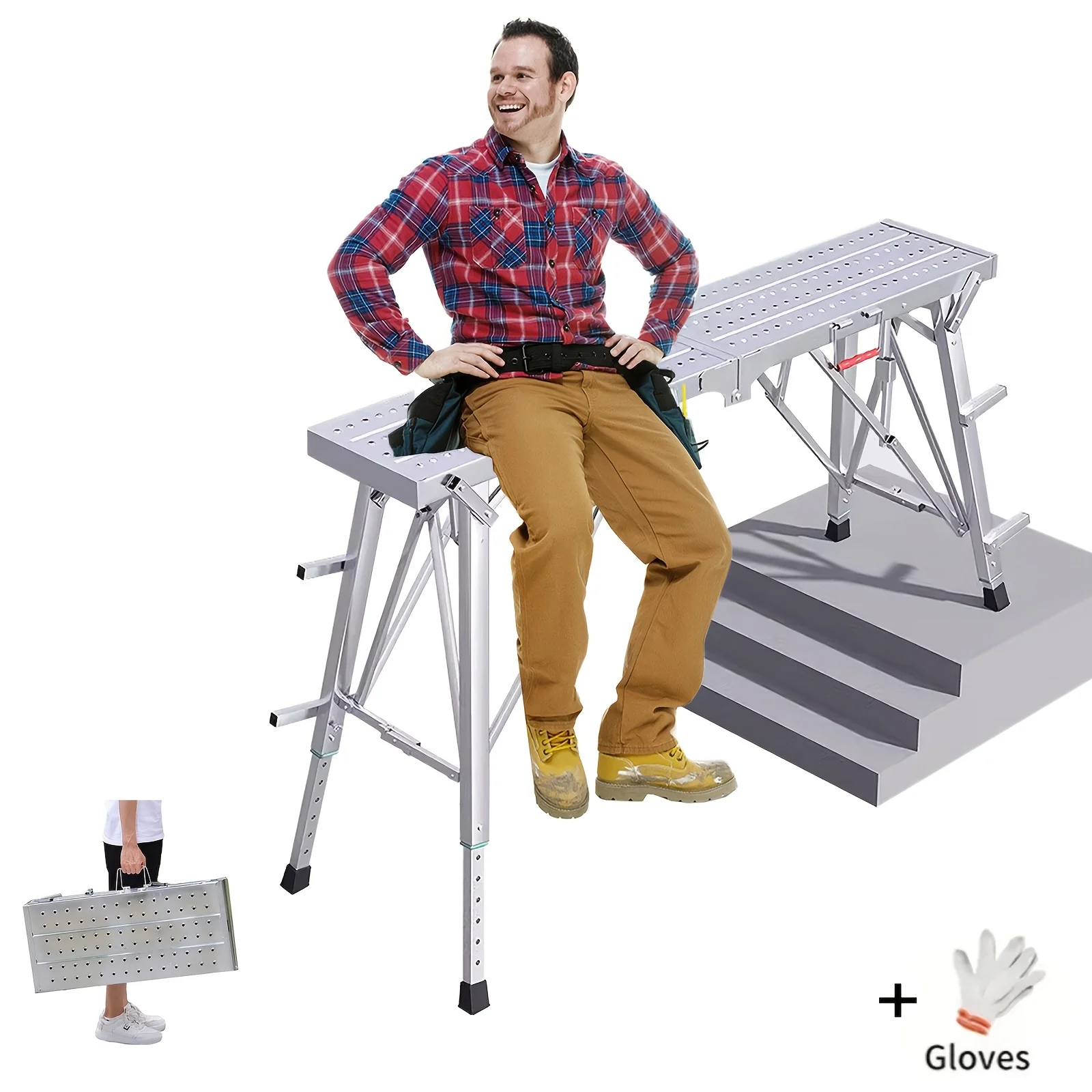 Work Platform Adjustable Folding Scaffolding Portable Step Ladder Height Drywall Bench Heavy Duty Load Capacity for RV Cleaning Painting Car Washing Decorating
