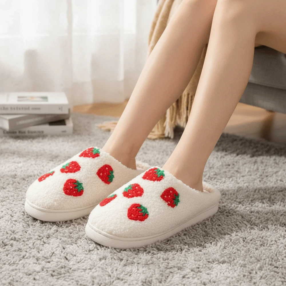 Kawaii Strawberry Fruit Slippers Pineapple Non-slip Winter Fluffy Slippers Warm Toe Wrap Soft Slippers Winter Gift
