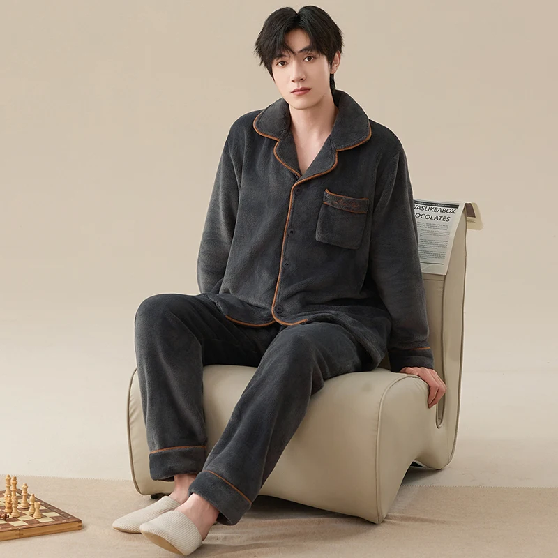 

Winter Men Flannel Sleepwear MaleThick Warm Turn-down Collar Pijamas