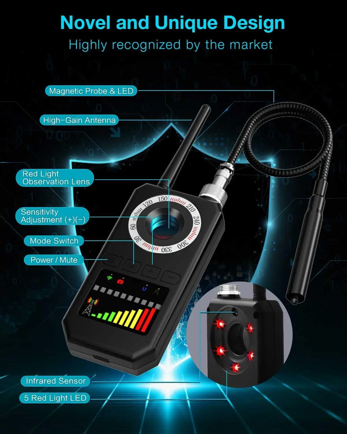 كاشفات الكاميرا مكتشف الأخطاء الصغيرة، كاشف الترددات اللاسلكية، جهاز تعقب GPS كاشف جهاز الاستماع كاميرا الحمام المخفية في السفر، الفندق، السيارة #4