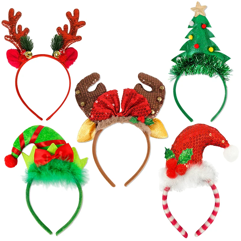 5Pcs Christmas Santa Claus Headband Costume Accessories Reindeer Antlers Christmas Tree Hat Designs Cute Headress Gifts Headwear