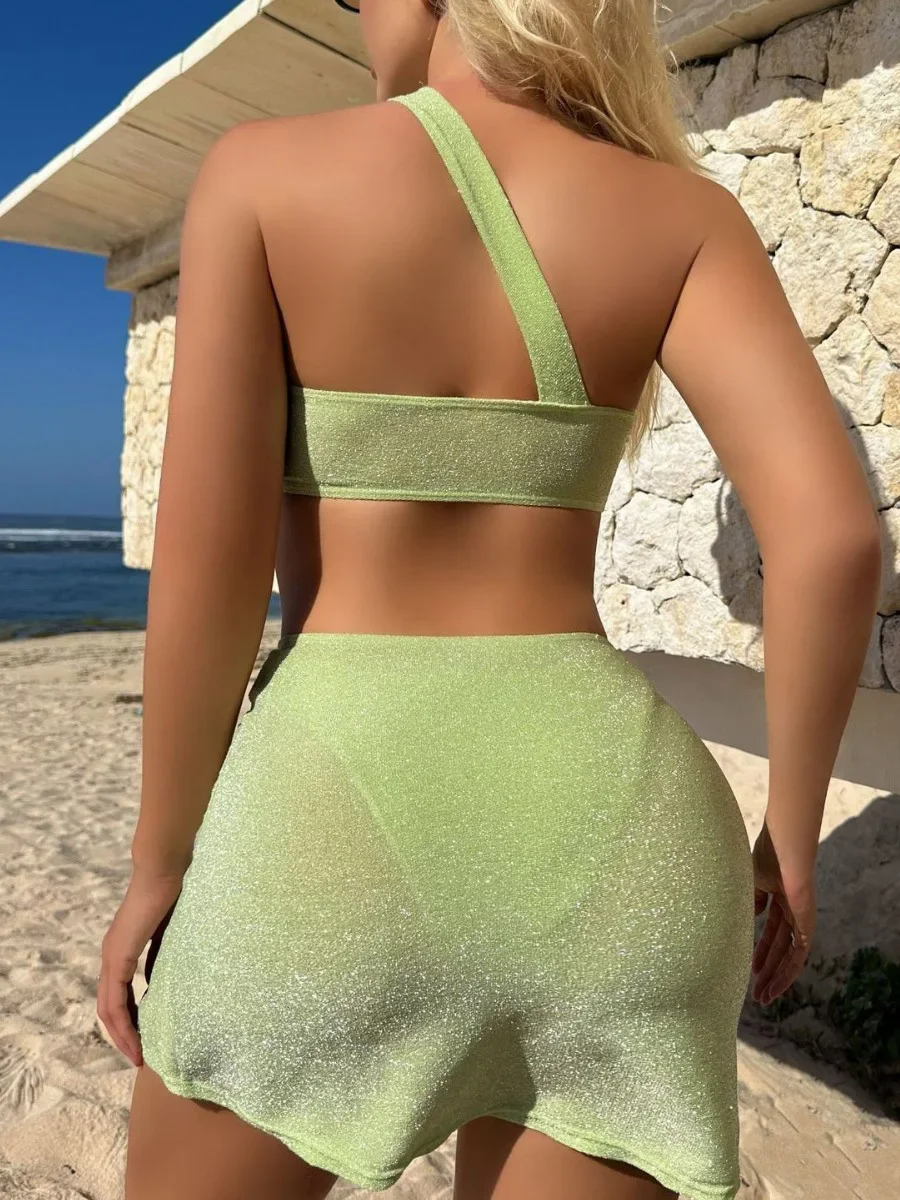 Shiny Sparkling One Shoulder Bikini Female Swimsuit Women Swimwear Three-pieces Bikini Set Bather Bathing Suit Swim Beachwear