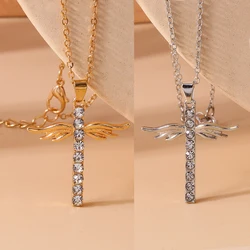 Aihua Dazzling Zircon Crystal Wings Cross Necklace for Women Men Gothic Punk Hip Hop Jesus Crucifix Necklace Christian Jewelry