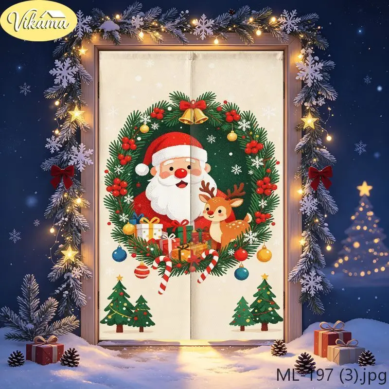 VIKAMA Christmas Wreath Santa Reindeer Gift Door Curtain Beige Background Garland Claus Elk Present Candy Cane Small Tree Soft