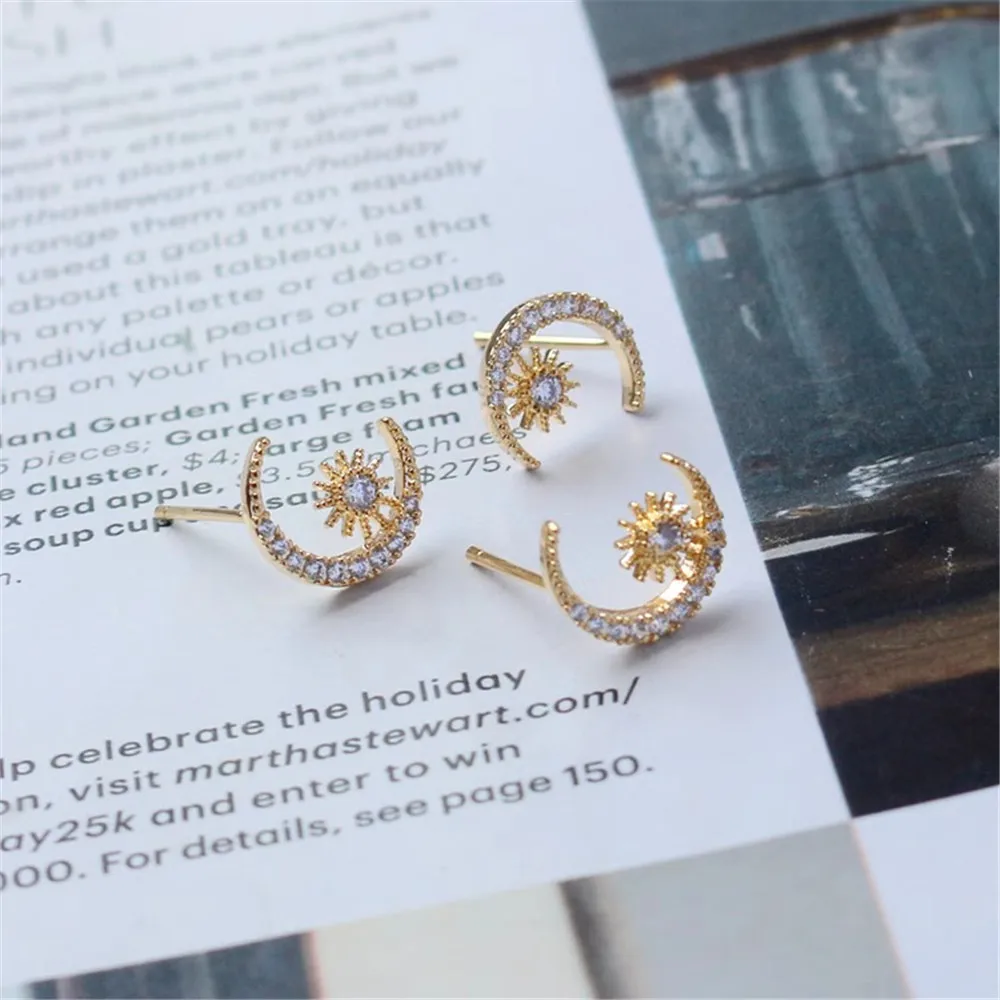 

14K Gold Micro-inlaid Zircon Earrings, Moon Star 925 Silver Needle, DIY Jewelry, 10mm