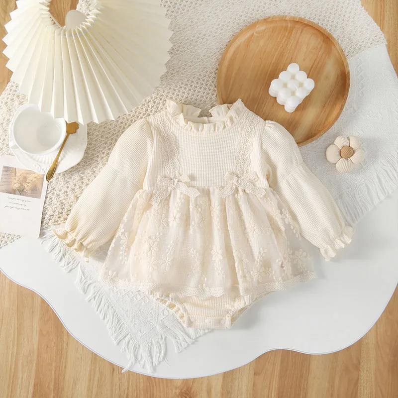 2024 New Autumn Baby Lace Floral Dress 0-24M Infant Cute Waffle Bodysuit Toddler Girls Thin Style Bow One Piece