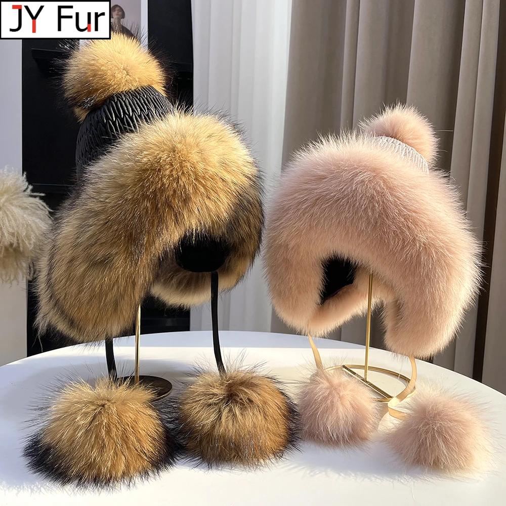 100% Real Raccoon Fur Hat for Women Natural Fox Fur Russian Ushanka Hats Winter Thick Warm Fashion Girls Bomber Cap Elastic