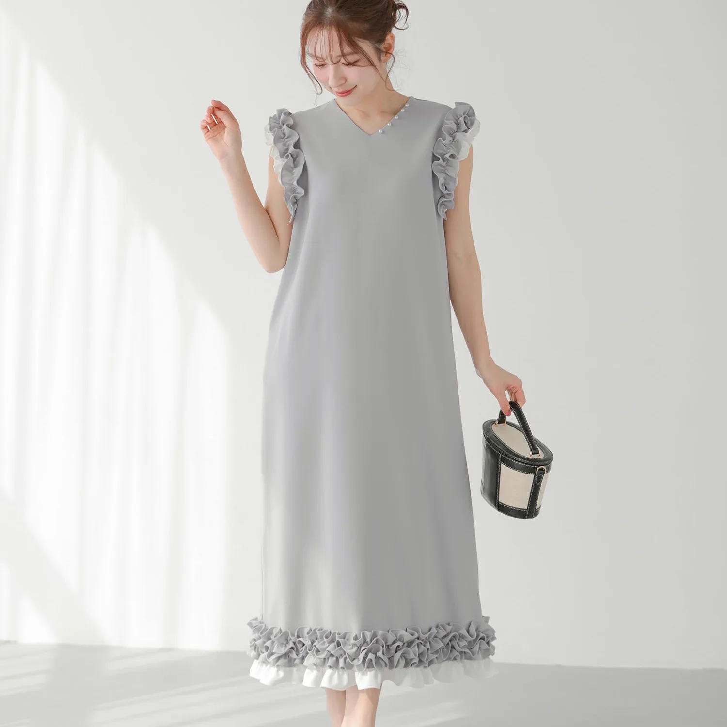 

Heavy Embellished Long Skirt Dress Pearl Decorated Women's OL White Collar Patchwork Maxi Dress Polyester Fiber Summer Wear