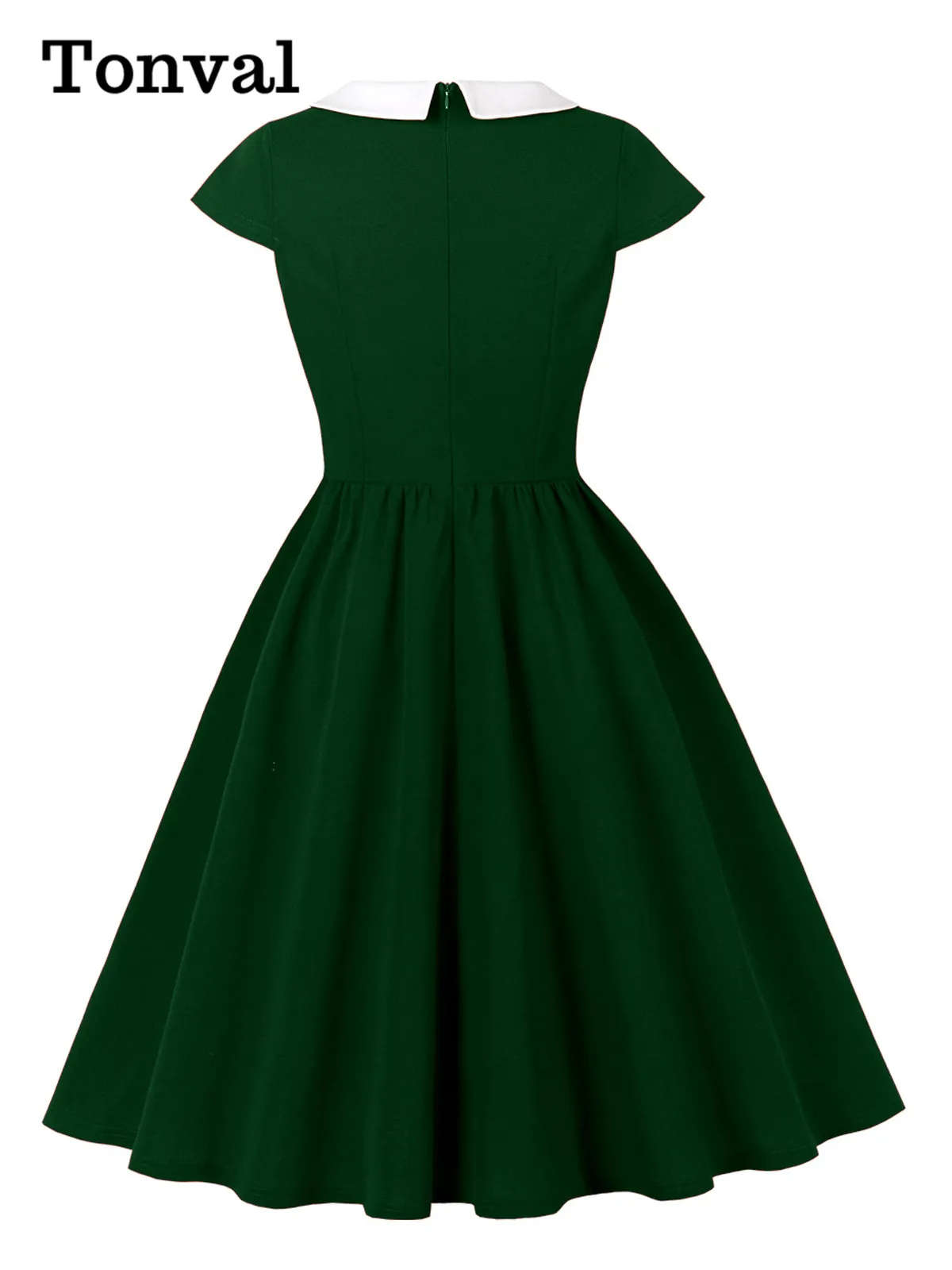 Tonval Contrast Collar High Waist Buttons Cap Sleeve Summer Dresses Women 2026 Vintage Pleated Midi Elegant Dress