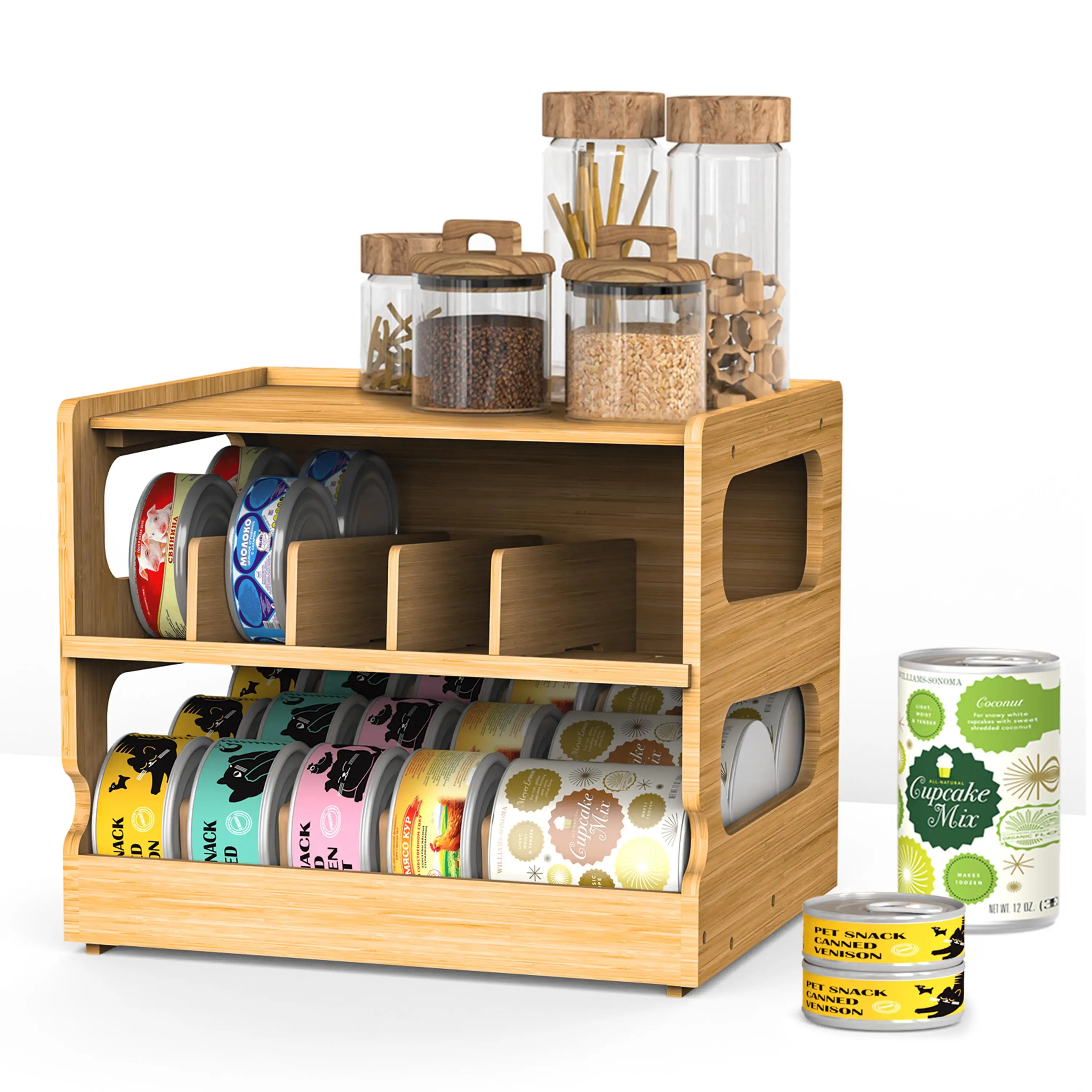 Food Storage Without Pantry - 2-Tier Stackable Bamboo Can Organizer Pantry