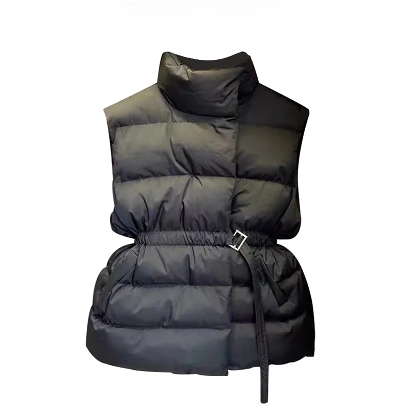 

Women's Mid-Length Cotton Vest Waist-Cinching Jacket Sleeveless Black Slimming Top Commute Style Zipper Closure Pure Color