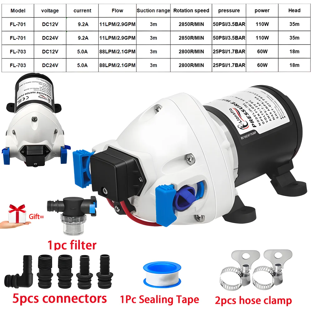 

DC12V/DC24V Самовсасывающий мембранный насос высокого давления 2,9GPM 50PSI Электрический трехкамерный мембранный насос для автодома и яхт