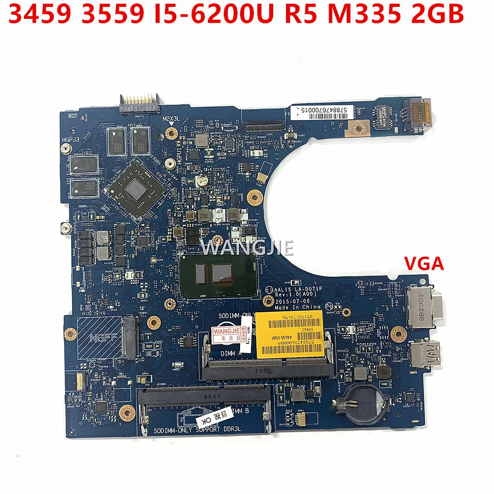 

Laptop Motherboard For Dell Vostro Series 3459 3559 AAL15 LA-D071P I5-6200U R5 M335 2GB CN-085Y8T 85Y8T 100% Fully Tested