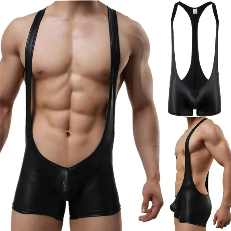 Mens Sexy Faux Leather Bodysuit One-Piece Jockstrap Leotard Catsuit Wrestling Singlet Black PU Jumpsuit Clubwear PVC Wet Look