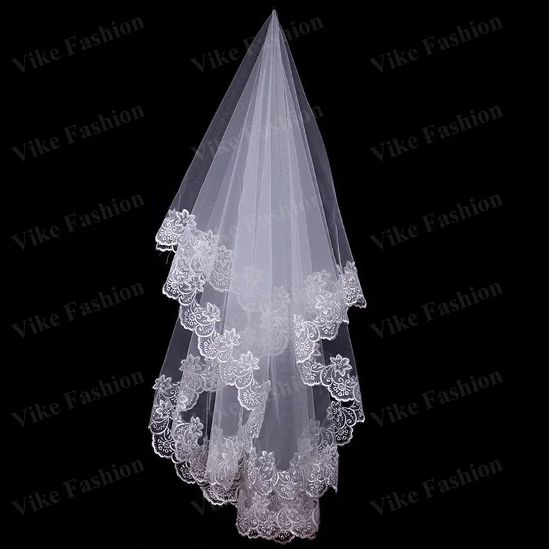 Fancy Newly Designe White Ivory Cathedral Wedding Veils Short One Layer Bridal Appliques Lace Edge Accessories